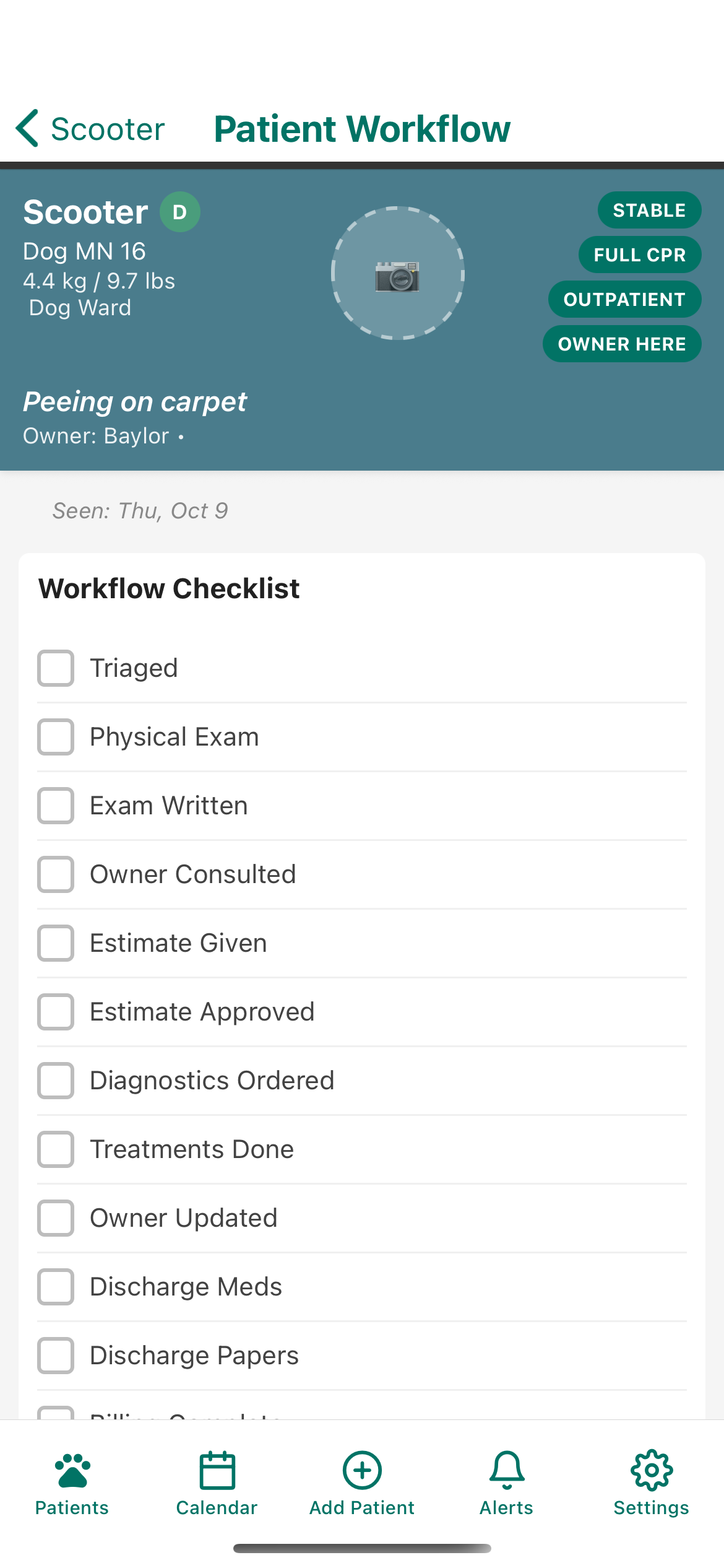 Scooter App Patient Detail - Workflow steps and task management for veterinary care